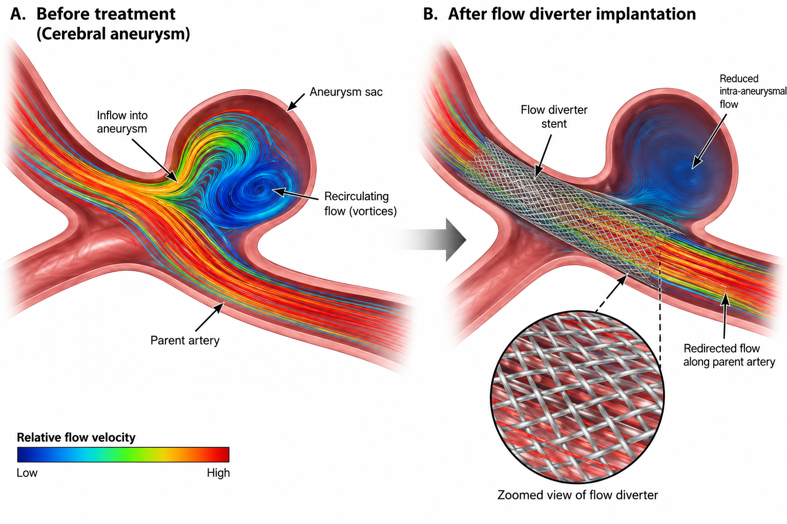 Flow diverter treatment of a cerebral aneurysm showing blood-flow redirection