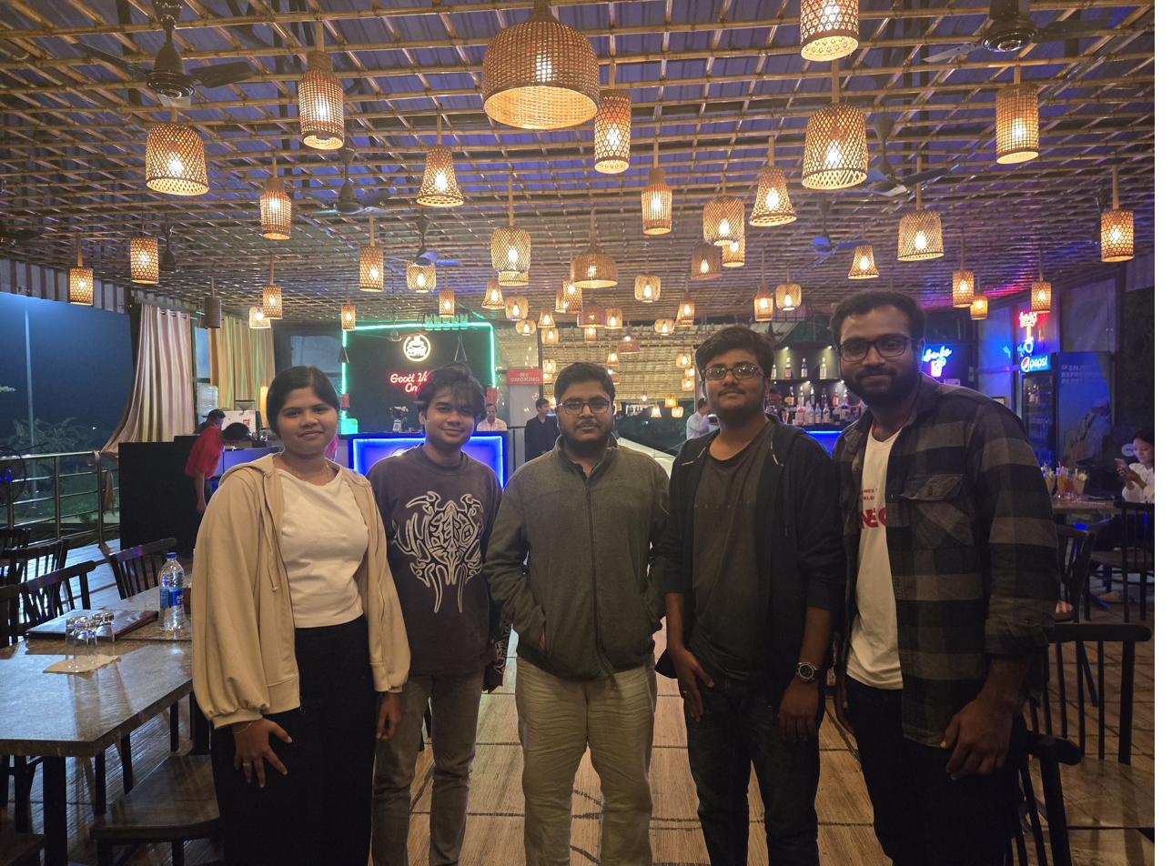 Five members of the Biosensing and Biophysics Lab at a restaurant in Guwahati.