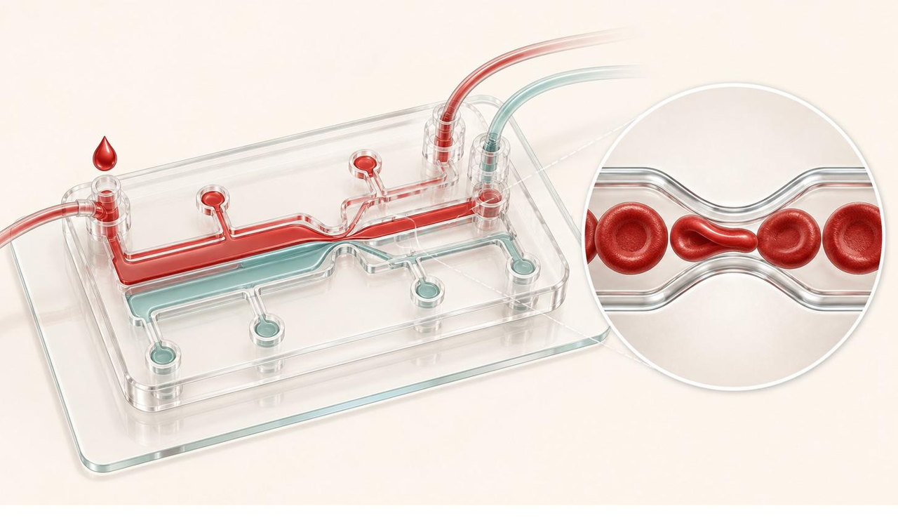 Blood microfluidic chip with co-flowing channels and a magnified red-blood-cell deformability constriction