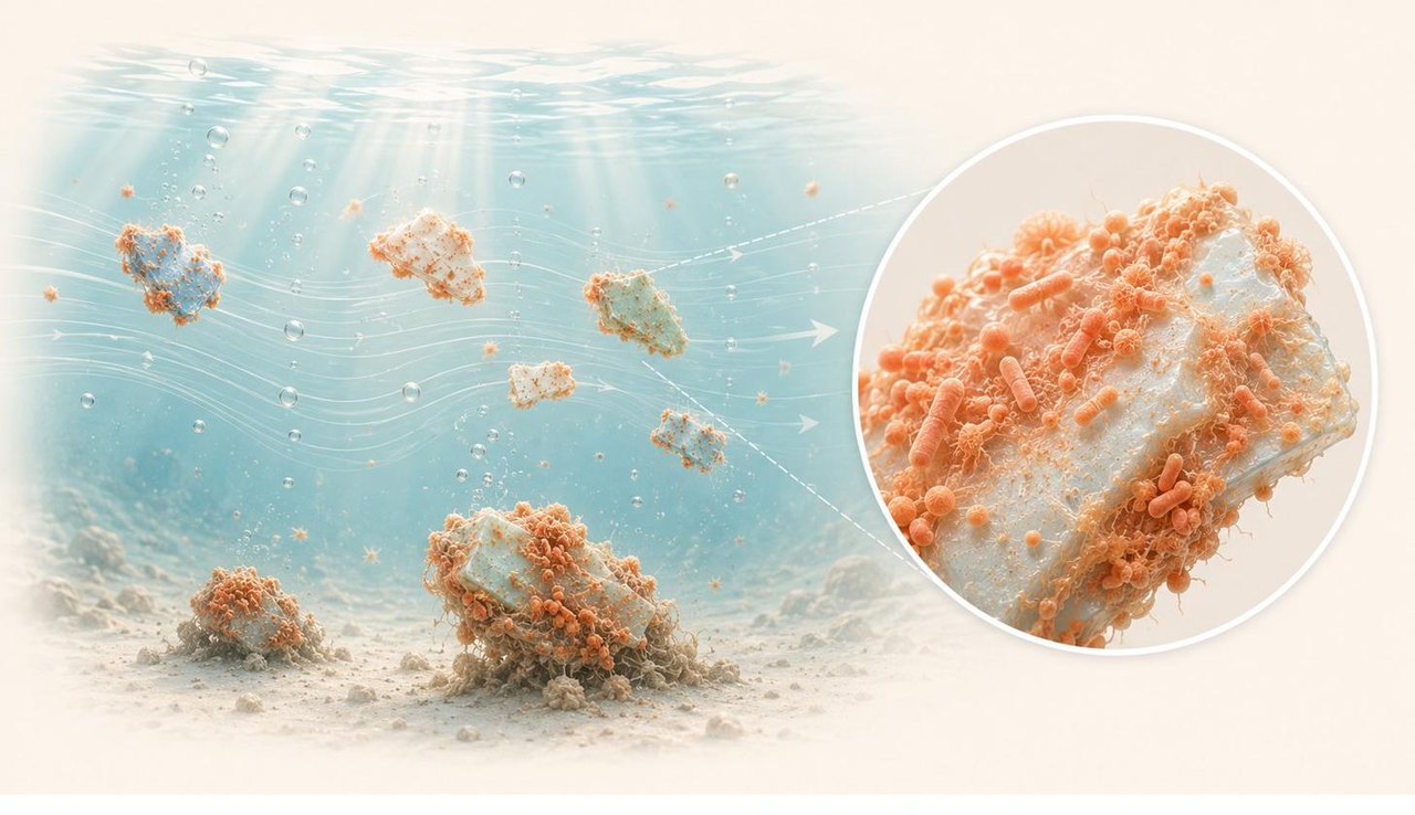 Microplastics colonised by biofilm in a water column, drifting under a current and settling on the bed