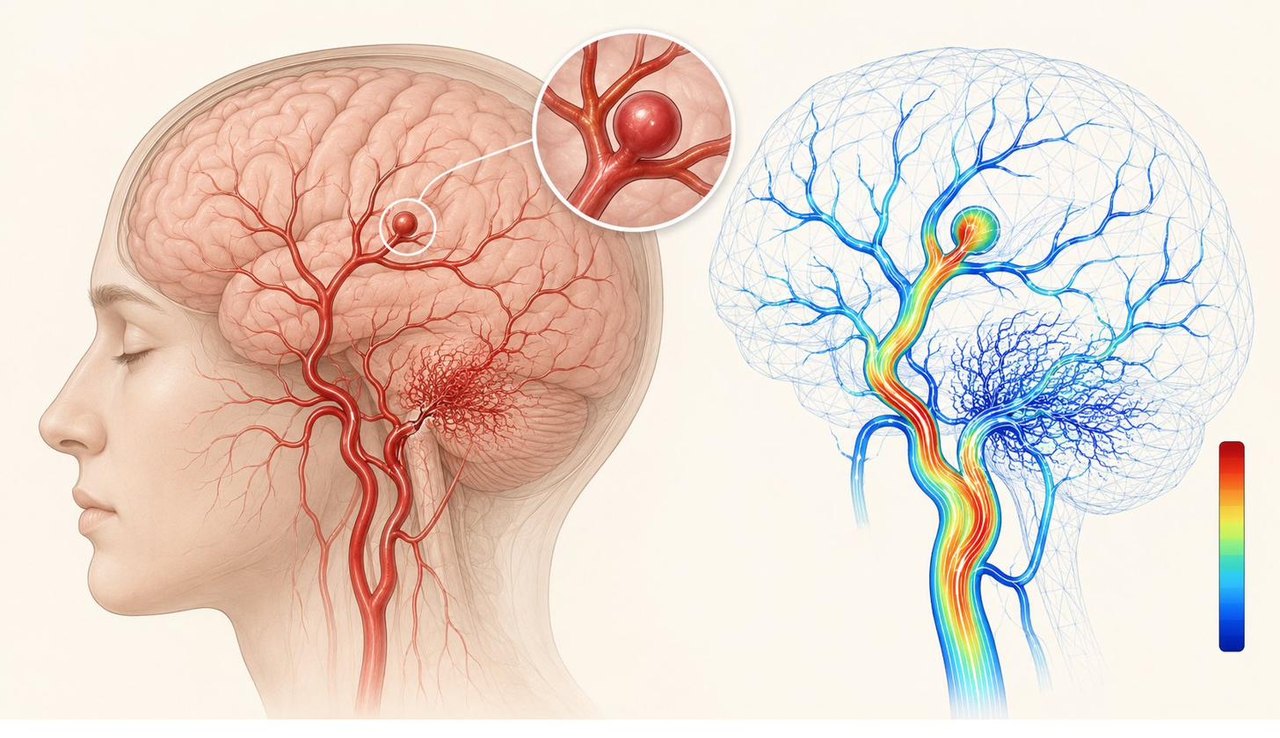 Neurovascular digital twin: cerebral vasculature with an aneurysm and a patient-specific blood-flow simulation coloured by velocity