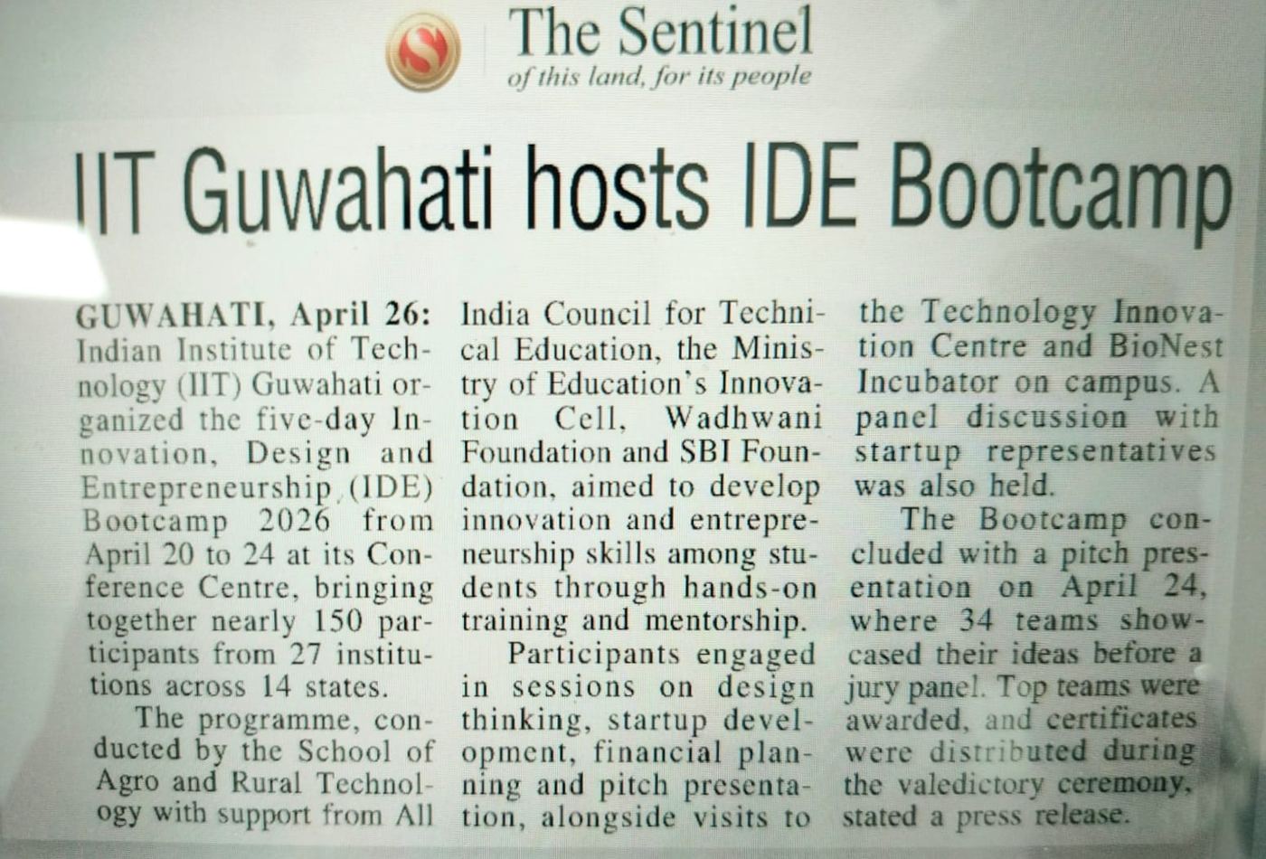 Newspaper coverage of IDE Bootcamp 2026 in The Sentinel