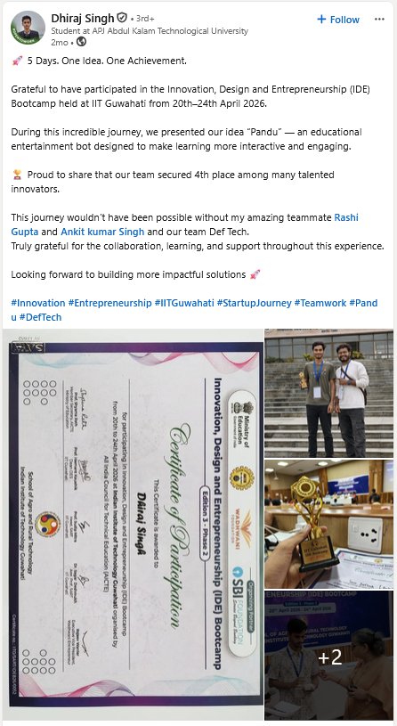 Testimonial post by Dhiraj Singh