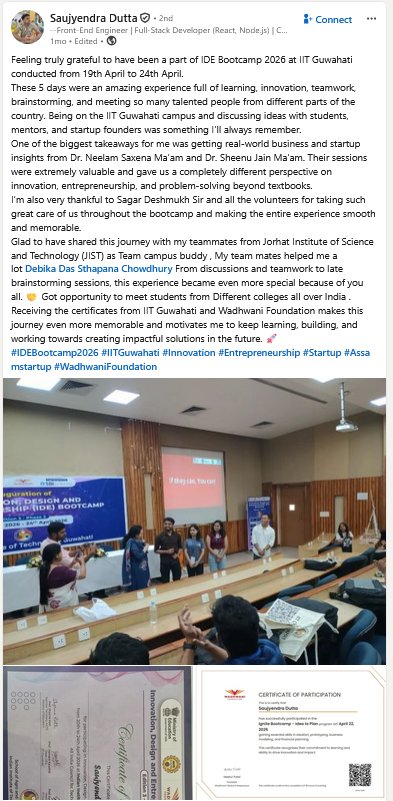 Testimonial post by Saujyendra Dutta